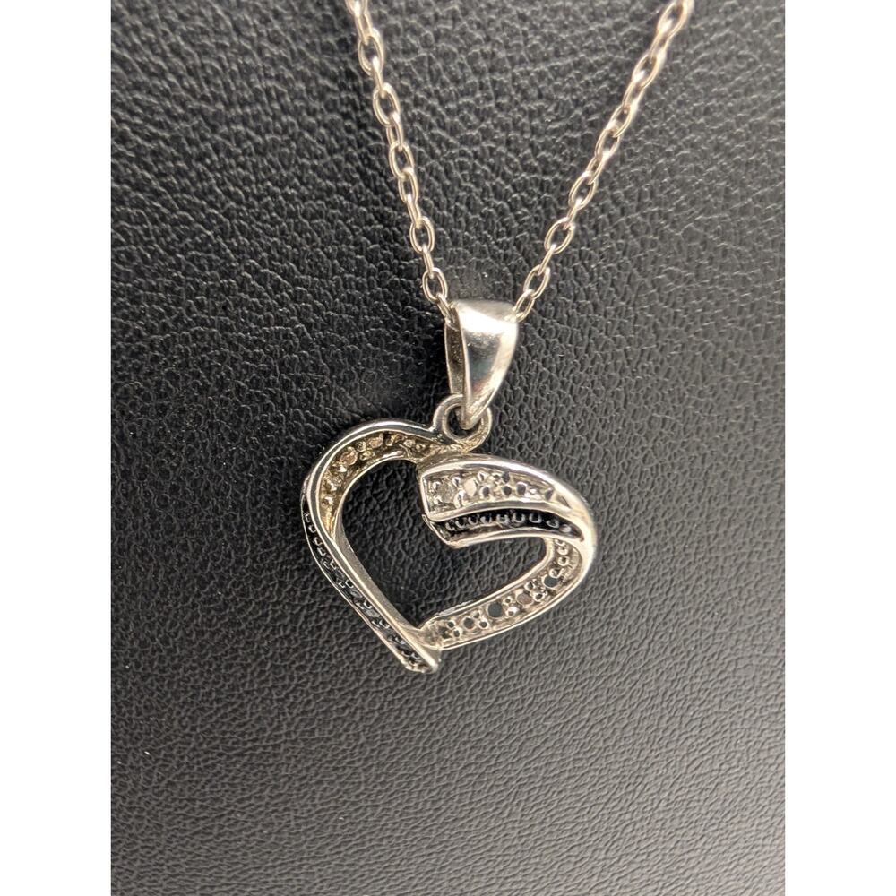 Ross Simmons Sterling Silver Heart Pendant Necklace 18" Black White CZ Stones